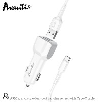 Автомобільний зарядний пристрій Avantis A910 Grand style (2USB/2.4A) + USB кабель Type-C- білий