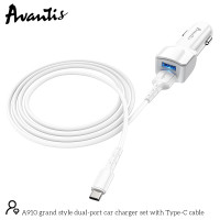 Автомобільний зарядний пристрій Avantis A910 Grand style (2USB/2.4A) + USB кабель Type-C- білий