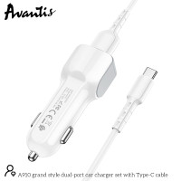 Автомобільний зарядний пристрій Avantis A910 Grand style (2USB/2.4A) + USB кабель Type-C- білий