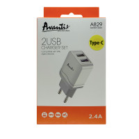 Сетевое зарядное устройство Avantis A829 (2USB/2.4A) + USB кабель Type-C- белый