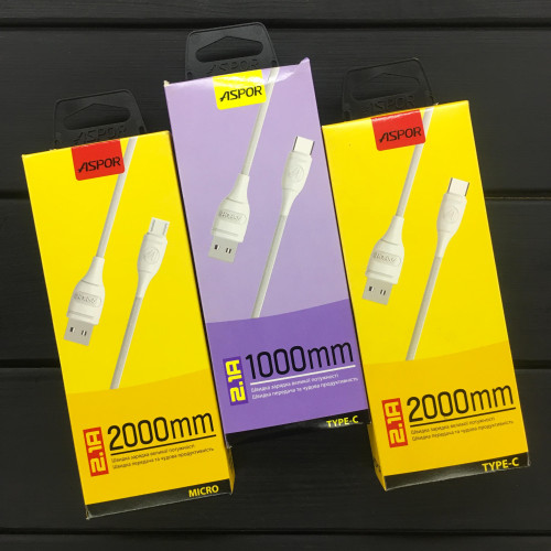 Кабель Aspor AC-01 Plus USB – Micro 2.1A/2м- білий