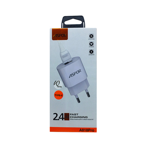 Мережевий зарядний пристрій Aspor A818 Plus 2.4A iQ + USB кабель Type-C- білий
