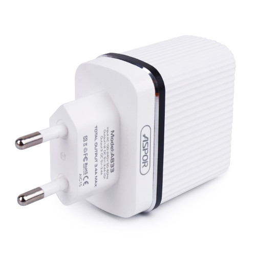 Мережевий зарядний пристрій Aspor A833 3 USB/3.4A + USB кабель Lightning- білий