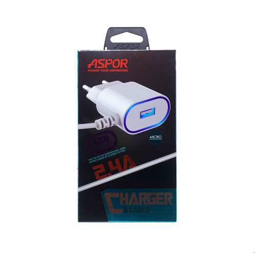 Мережевий зарядний пристрій Aspor A802 Plus 1USB/2.4A LED + USB кабель Micro- білий