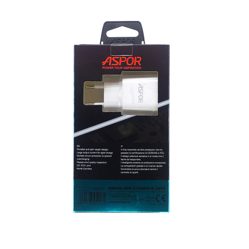 Мережевий зарядний пристрій Aspor A802 Plus 1USB/2.4A LED + USB кабель Micro- білий