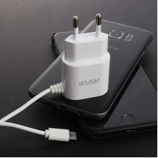 Мережевий зарядний пристрій Aspor A802 Plus 1USB/2.4A LED + USB кабель Micro- білий