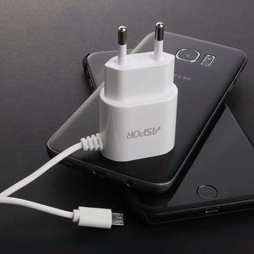 Мережевий зарядний пристрій Aspor A802 Plus 1USB/2.4A LED + USB кабель Micro- білий
