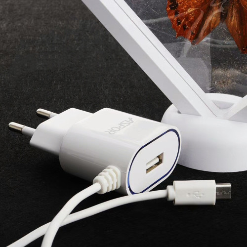 Мережевий зарядний пристрій Aspor A802 Plus 1USB/2.4A LED + USB кабель Micro- білий