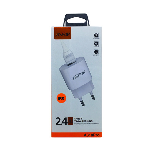 Мережевий зарядний пристрій Aspor A818 Plus 2.4A iQ + USB кабель Lightning- білий