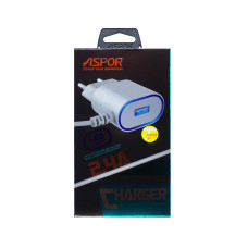 Мережевий зарядний пристрій Aspor A802 Plus 1USB/2.4A LED + USB кабель Type-C- білий