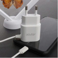 Мережевий зарядний пристрій Aspor A802 1USB/1A LED + USB кабель Lightning- білий