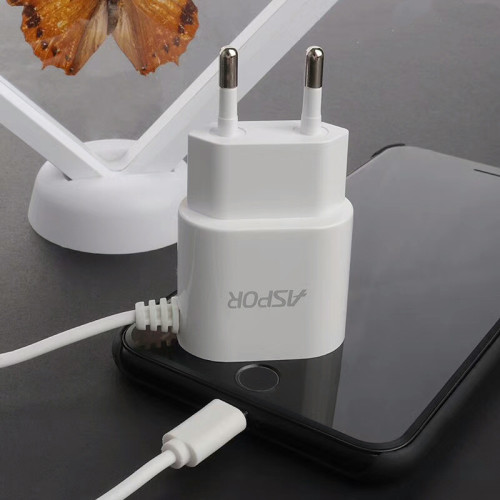 Мережевий зарядний пристрій Aspor A802 1USB/1A LED + USB кабель Lightning- білий