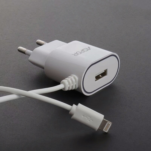 Мережевий зарядний пристрій Aspor A802 1USB/1A LED + USB кабель Lightning- білий