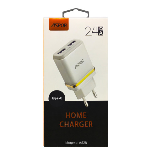 Мережевий зарядний пристрій Aspor A828 Eco 2USB/2.4A + кабель USB – Type-C- білий