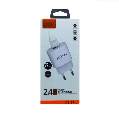 Мережевий зарядний пристрій Aspor A818 Plus 2.4A iQ + USB кабель Micro- чорний