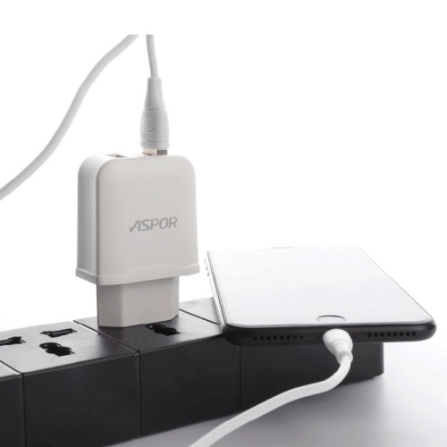 Мережевий зарядний пристрій Aspor A829 2USB/2.4A + USB кабель Lightning- білий