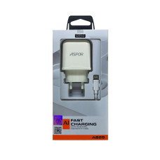 Мережевий зарядний пристрій Aspor A829 2USB/2.4A + USB кабель Lightning- білий