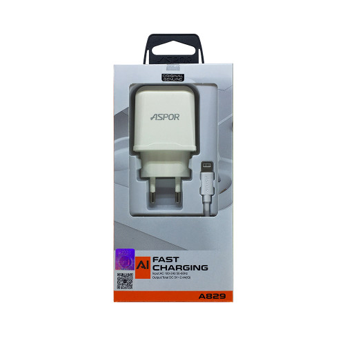 Мережевий зарядний пристрій Aspor A829 2USB/2.4A + USB кабель Lightning- білий