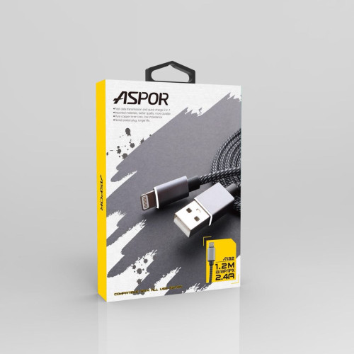 Кабель Aspor A132 Nylon USB – Lightning 2.4A/1.2м- чорний
