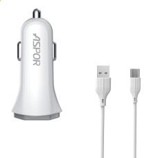 Автомобільний зарядний пристрій Aspor A903 (2USB/3.4A) + USB кабель Type-C- білий