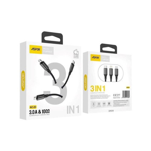 Кабель Aspor AC-23 3в1 (Lightning/micro USB/Type-C) 3A/1м- чорний