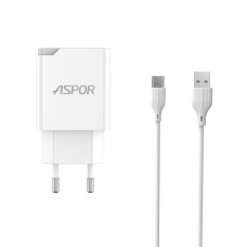 Мережевий зарядний пристрій Aspor A822 Fast Charger (18W QC3.0 1USB/3A) + USB кабель Type-C- білий