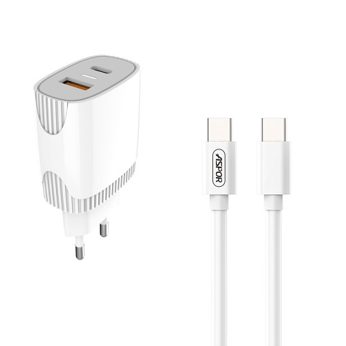Мережевий зарядний пристрій Aspor A816 PD + QC Fast Charger 2в1 Type-C + Type-C- білий
