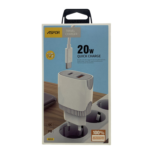 Мережевий зарядний пристрій Aspor A816 PD + QC Fast Charger 2в1 Type-C + Type-C- білий