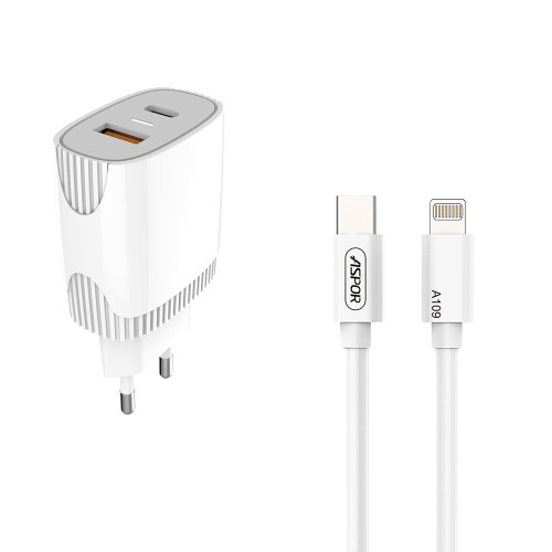 Мережевий зарядний пристрій Aspor A816 PD + QC Fast Charger 2в1 Type-C + Lightning- білий