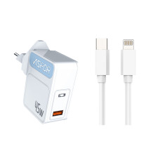 Мережевий зарядний пристрій Aspor A839 45W PD QC (UCB C+A) 2в1 Type-C + Lightning- білий