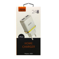 Мережевий зарядний пристрій Aspor A828 Eco 2USB/2.4A + кабель USB – Lightning- білий