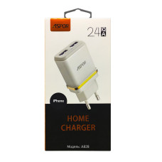 Мережевий зарядний пристрій Aspor A828 Eco 2USB/2.4A + кабель USB – Lightning- білий