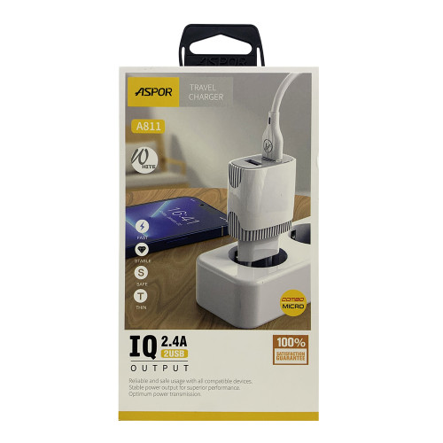 Мережевий зарядний пристрій Aspor A811 (2USB/2.4A) + кабель USB – Micro- білий