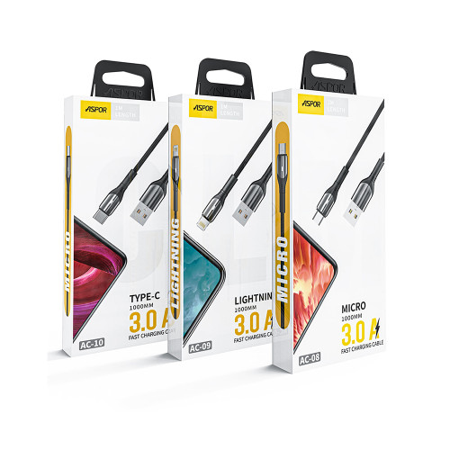 Кабель Aspor AC-08 Nylon LED USB – Micro (3A/1м)- чорний