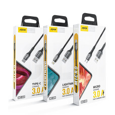 Кабель Aspor AC-09 Nylon LED USB – Lightning (3A/1м)- чорний