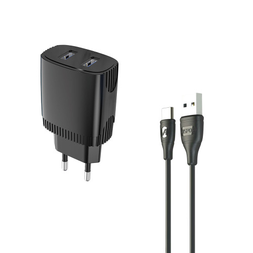 Мережевий зарядний пристрій Aspor A811 (2USB/2.4A) + кабель USB – Type-C- чорний
