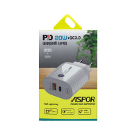 Мережевий зарядний пристрій Aspor PD002 Premium Series (USB-C/USB QC 3.0/PD 20W) + кабель USB – Lightning- білий
