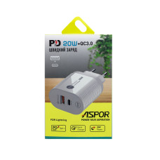 Мережевий зарядний пристрій Aspor PD002 Premium Series (USB-C/USB QC 3.0/PD 20W) + кабель USB – Lightning- білий