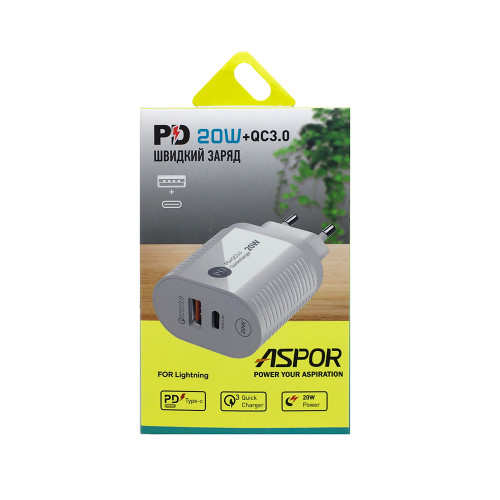 Мережевий зарядний пристрій Aspor PD002 Premium Series (USB-C/USB QC 3.0/PD 20W) + кабель USB – Lightning- білий