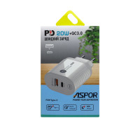 Сетевое зарядное устройство Aspor PD002 Premium Series (USB-C/USB QC 3.0/PD 20W) + кабель USB – Type-C- белый