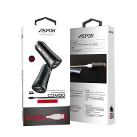 Автомобільний зарядний пристрій Aspor A918 Metal LED (2USB/3.4A) + кабель USB – Lightning- чорний