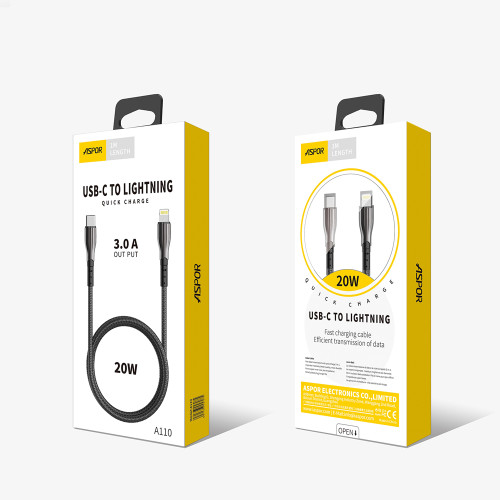 Кабель Aspor A110 Quick Charge Type-C – Lightning 3A/20W/1м- чорний