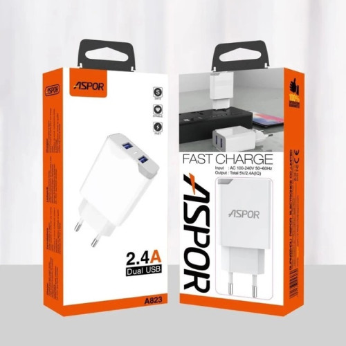 Мережевий зарядний пристрій Aspor A823 Fast Charger (2USB/2.4A)- білий
