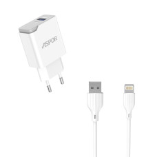 Мережевий зарядний пристрій Aspor A827 IQ (USB/2.4A) + кабель USB – Lightning- білий