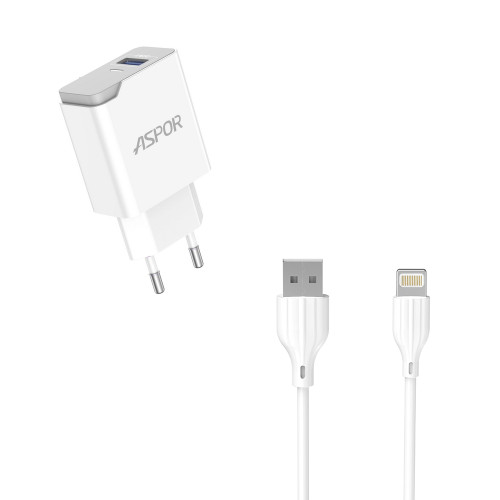 Мережевий зарядний пристрій Aspor A827 IQ (USB/2.4A) + кабель USB – Lightning- білий