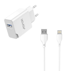 Мережевий зарядний пристрій Aspor A827 IQ (USB/2.4A) + кабель USB – Lightning- білий