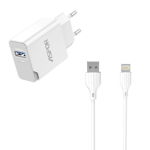 Мережевий зарядний пристрій Aspor A827 IQ (USB/2.4A) + кабель USB – Lightning- білий