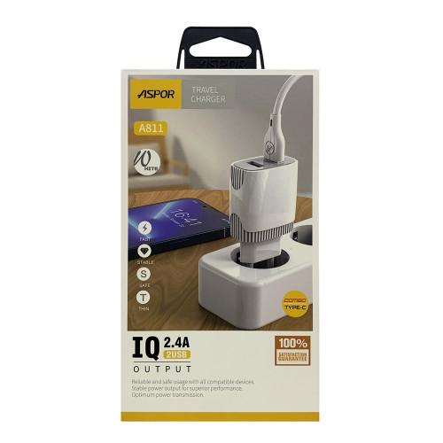 Мережевий зарядний пристрій Aspor A811 (2USB/2.4A) + USB кабель Type-C- білий