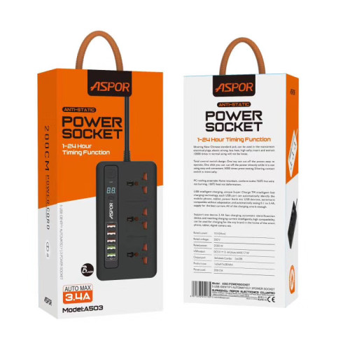 Мережевий фільтр-подовжувач Aspor A503 Auto Max (5USB/3.4A/2м)- чорний