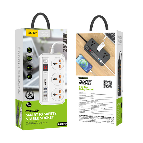 Мережевий фільтр-подовжувач Aspor A505 PD (3USB/USB-C/3A/20W/2м)- білий